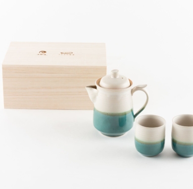 昇龍窯 上野焼ティーセット 上野緑釉 × マットホワイト 箱入り
